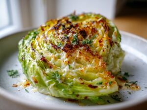 Close-up of a roasted cabbage wedge from a cabbage recipe, topped with melted cheese and herbs.