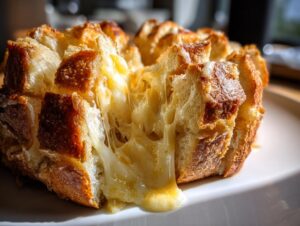 Close-up of baked cheese bread showing extreme cheese pull between the scored pieces.