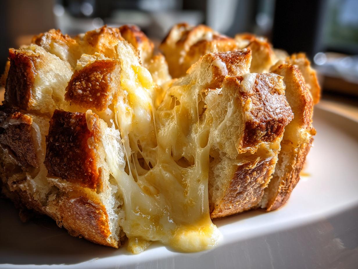 Close-up of baked cheese bread showing extreme cheese pull between the scored pieces.
