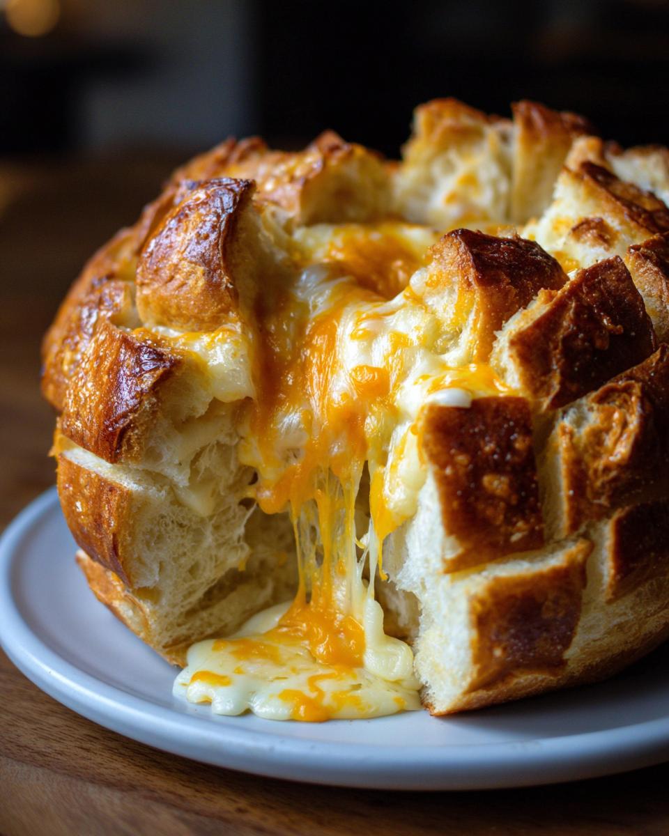Close-up of a baked pull-apart cheese bread loaf with melted cheddar and mozzarella cheese stretching out.