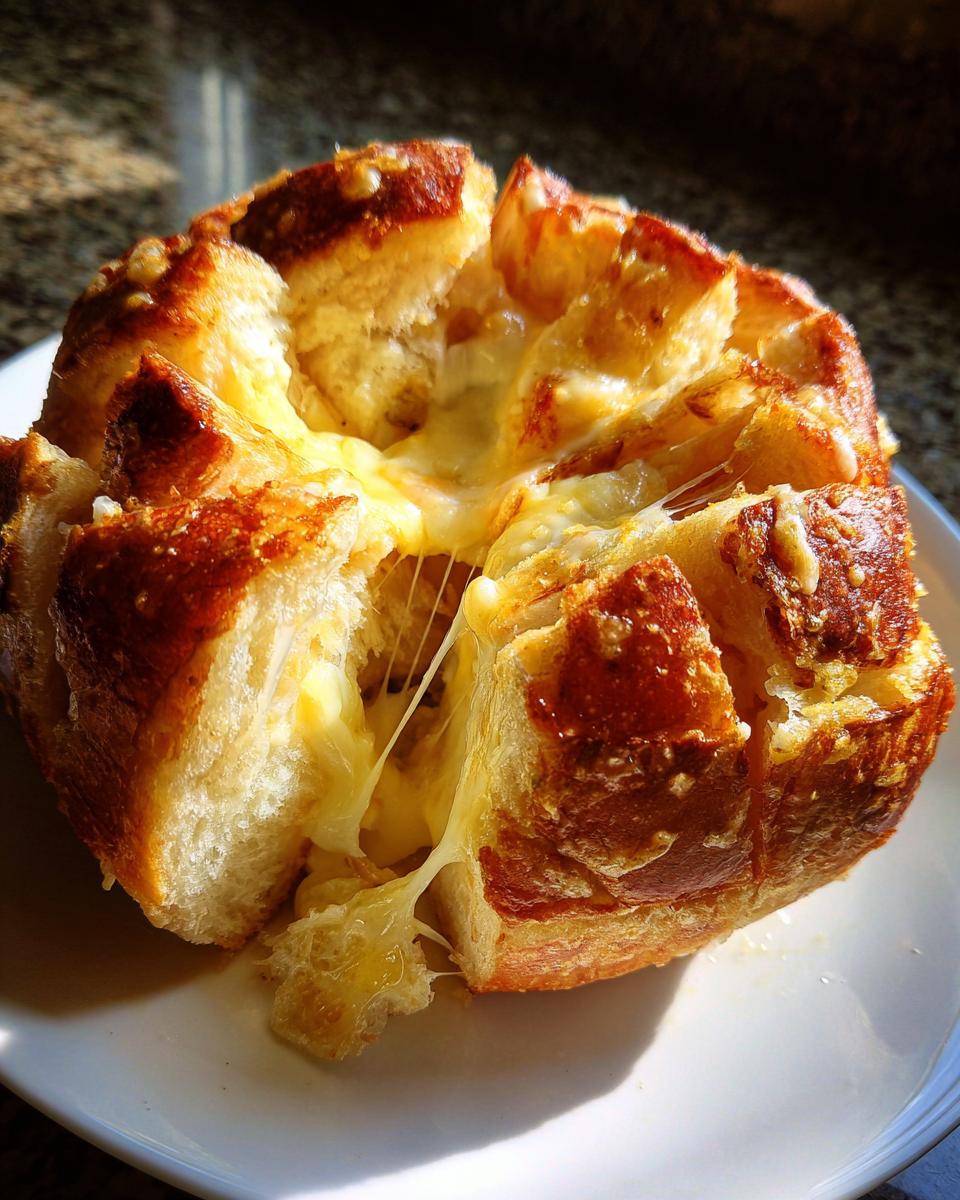 Close-up of baked cheese bread pulled apart showing gooey, melted cheese strings.