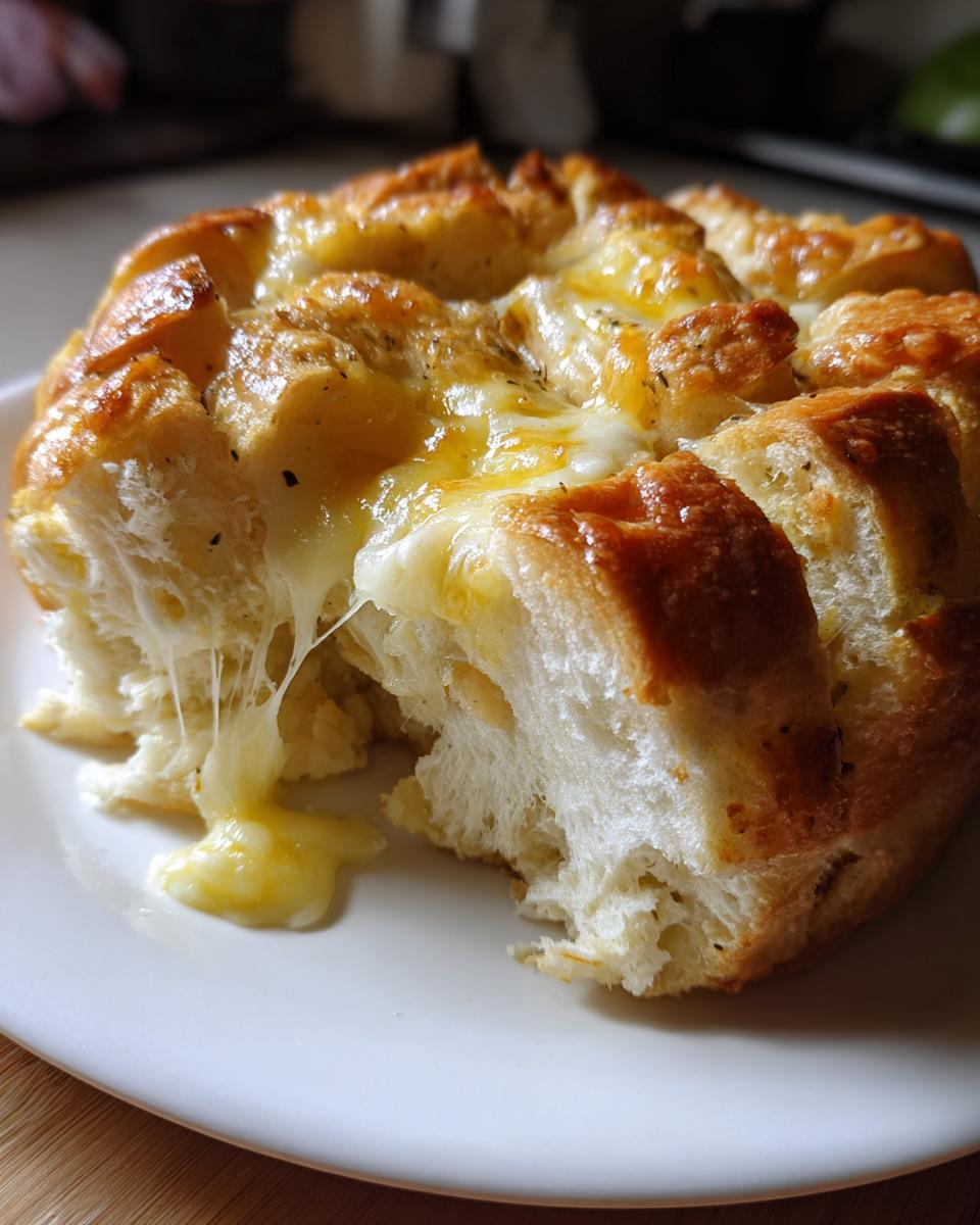 Close-up of a portion of amazing 10-minute cheese bread, showing melted, gooey cheese stretching as a piece is pulled away.