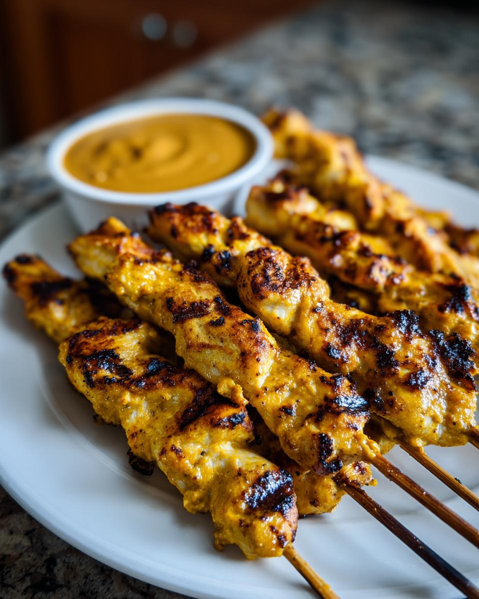 Close-up of perfectly grilled, golden-yellow chicken satay skewers served with a small bowl of peanut dipping sauce.