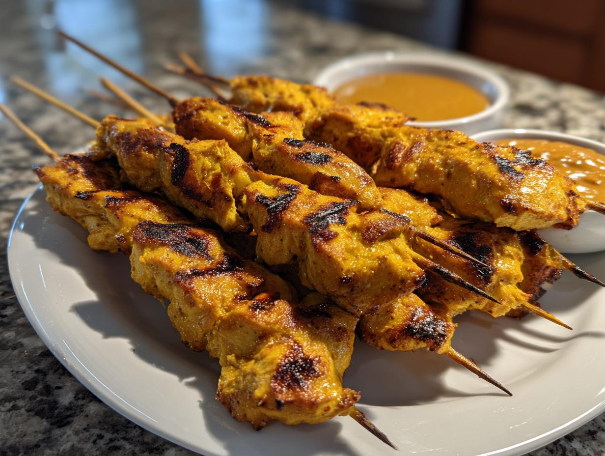 A plate piled high with perfectly grilled, golden yellow chicken satay skewers served with two bowls of peanut dipping sauce.