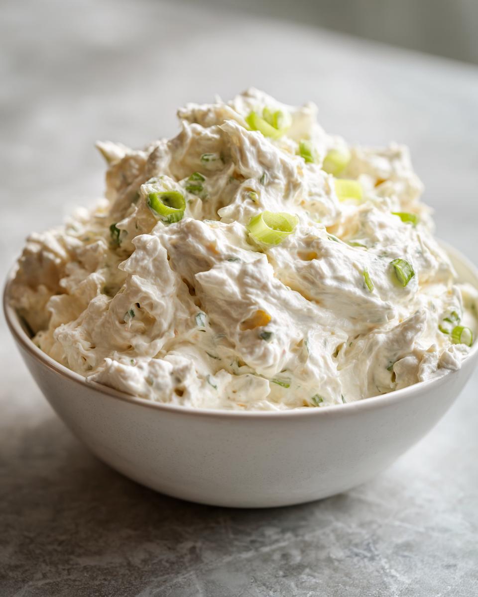 A close-up of a white bowl filled high with creamy, textured clam dip, garnished with chopped green onions.