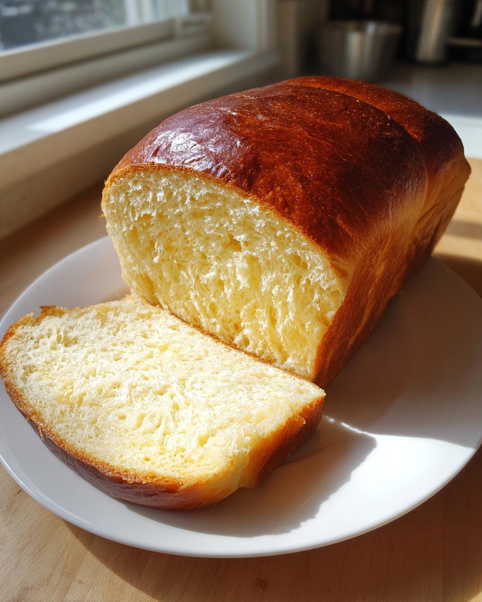 A freshly baked loaf of soft, golden condensed milk bread with one slice cut and resting beside it on a white plate.