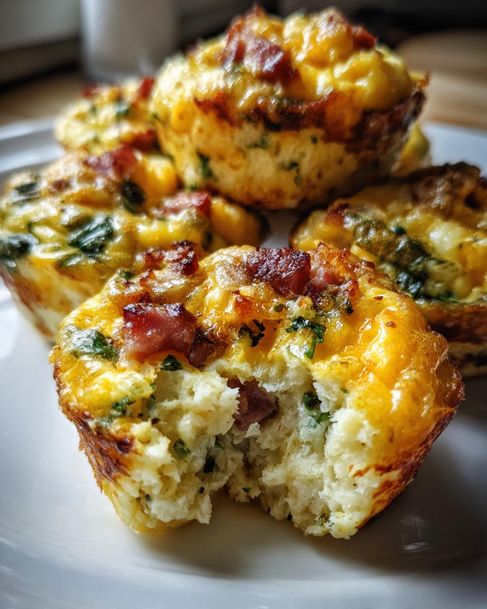 A close-up of fluffy, baked egg bites topped with bacon, with one bite taken out to show the texture.