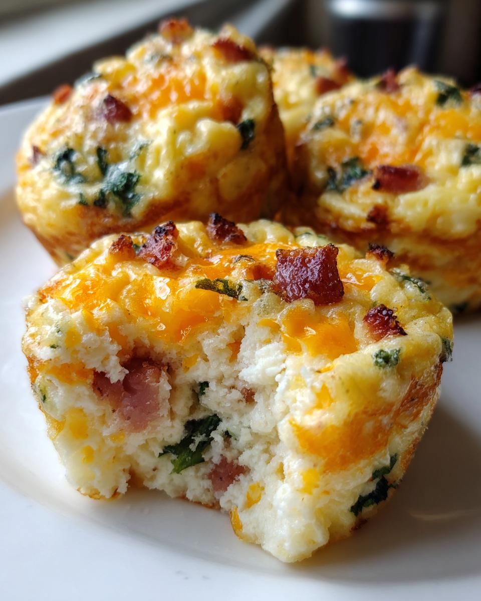 A close-up view of a savory egg bite, showing the fluffy egg interior, ham, spinach, and melted cheddar cheese topping.