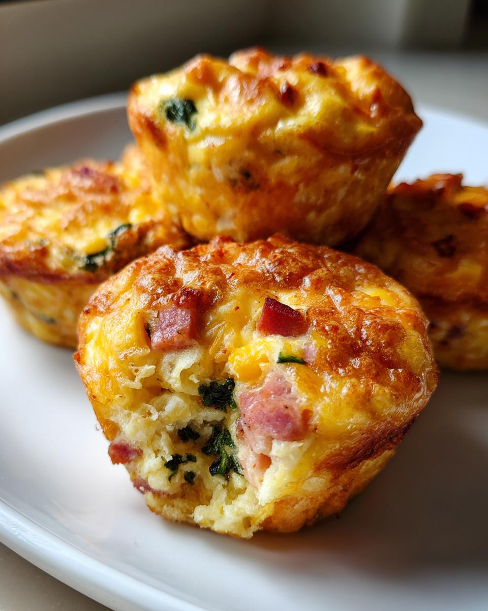 A close-up of several baked egg bites, one of which has a bite taken out showing ham and spinach inside the fluffy egg mixture.