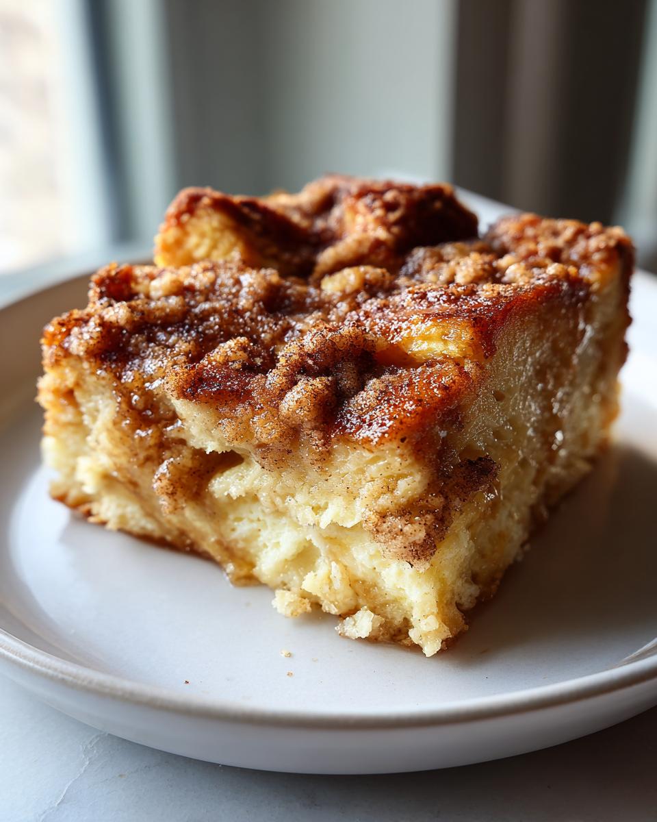 Close-up of a moist slice of french toast casserole topped with a thick, sugary cinnamon streusel topping.