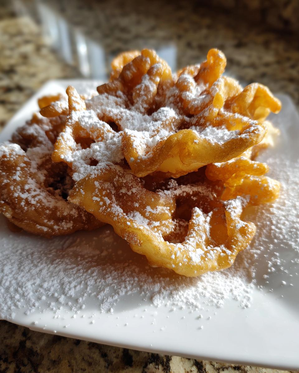 Close-up of freshly fried funnel cake recipe pieces generously dusted with white powdered sugar on a white plate.