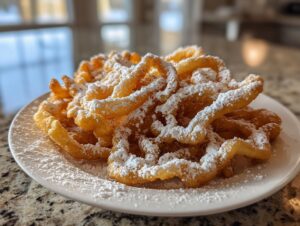 A close-up of a freshly made funnel cake recipe piled high on a white plate and generously dusted with powdered sugar.