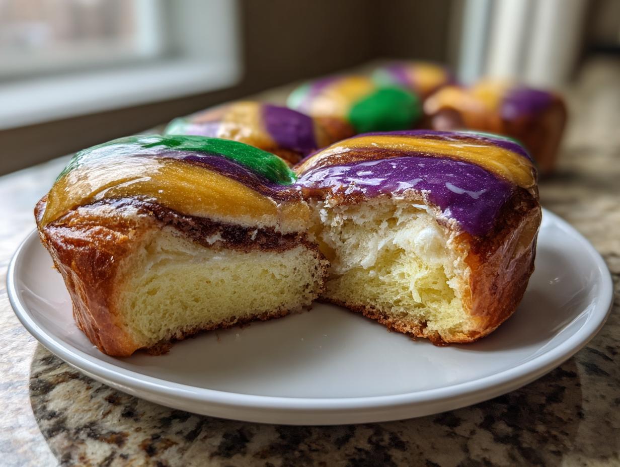 A slice of homemade king cake cut in half, showing the soft interior, filling, and purple, gold, and green icing.
