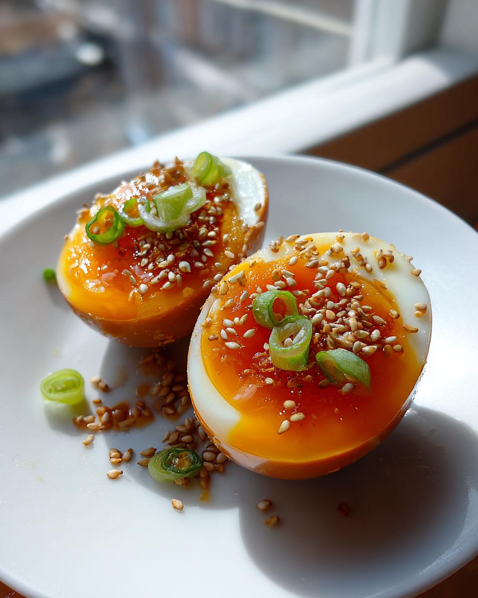 Two halves of soft-boiled marinated eggs topped with toasted sesame seeds and sliced green onions on a white plate.