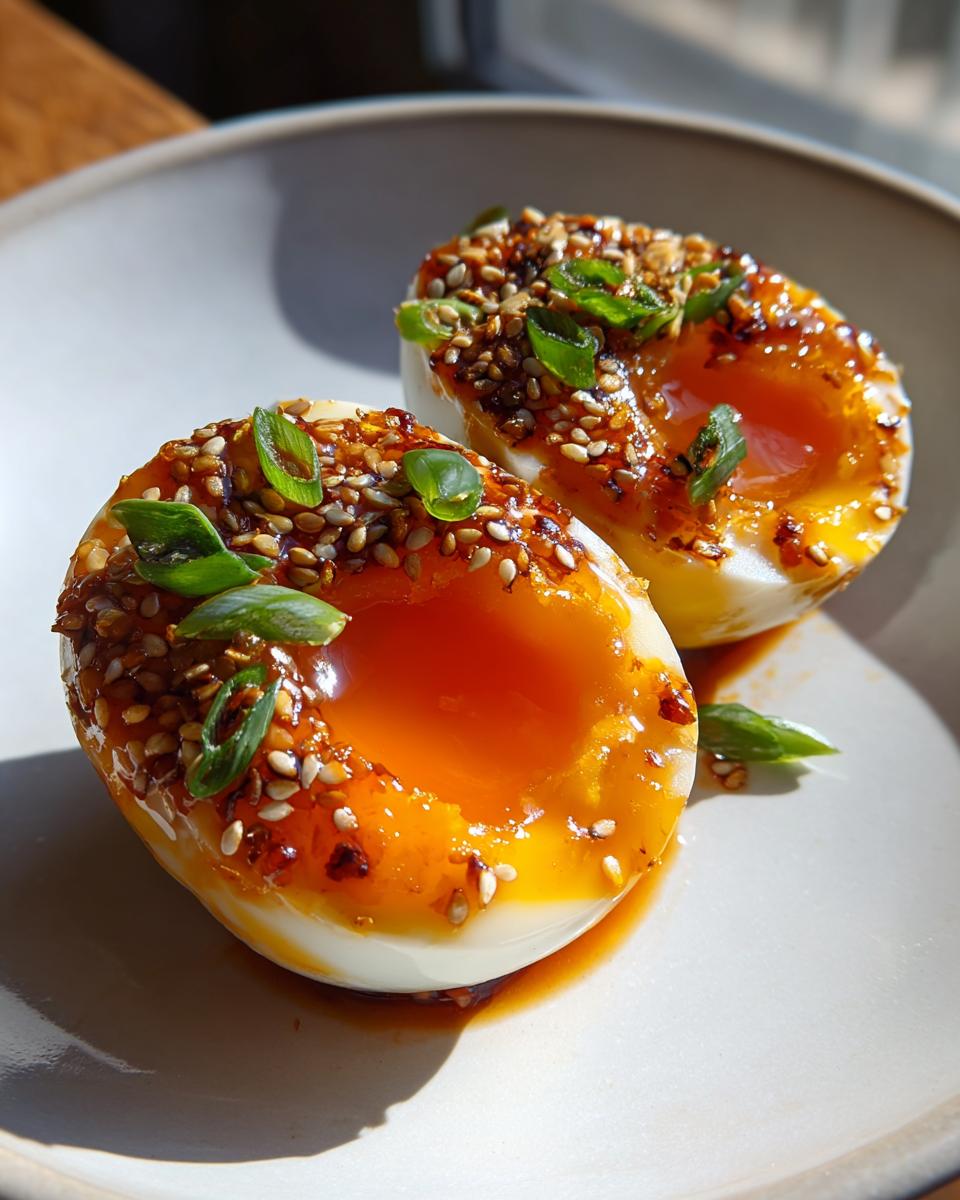 Two halves of soft-boiled marinated eggs with runny yolks, topped with sesame seeds and green onions.