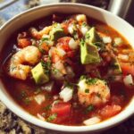 Close-up of a white bowl filled with vibrant mexican shrimp cocktail, featuring shrimp, avocado chunks, tomatoes, and onions in a rich broth.