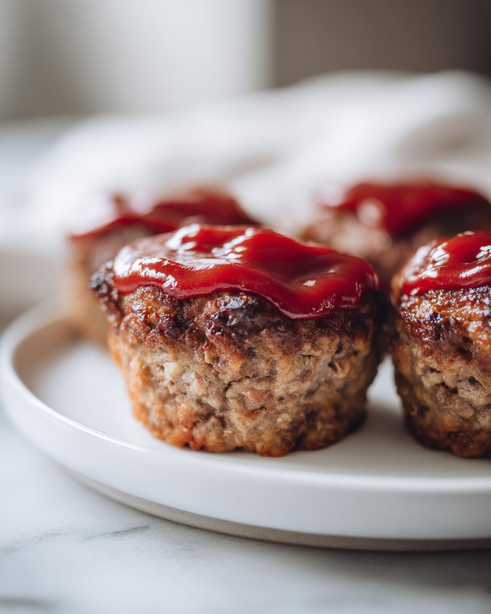 Four perfectly baked mini meatloaf portions topped with a glossy red ketchup glaze, served on a white plate.
