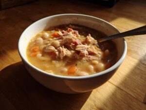 A close-up of a white bowl filled with amazing navy bean soup, topped with shredded ham and carrots, sitting on a wooden table.