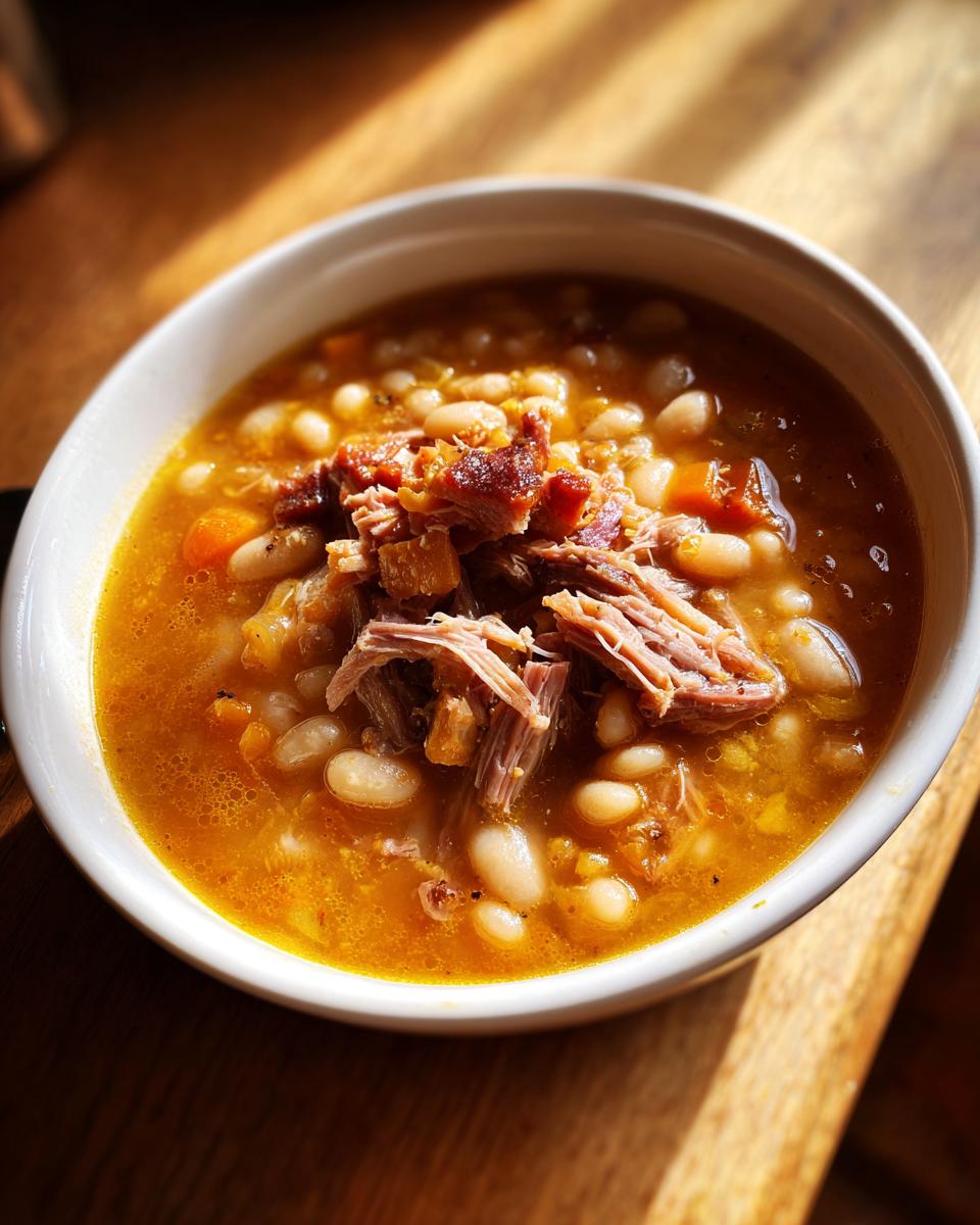 A close-up of a white bowl filled with rich, orange broth navy bean soup topped with shredded smoked meat.