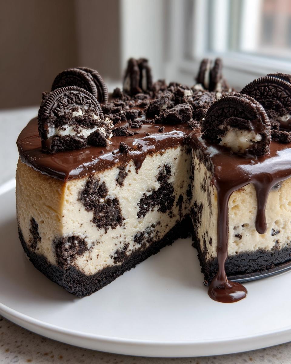 A slice removed from an amazing oreo cheesecake topped with chocolate ganache and whole Oreo cookies.
