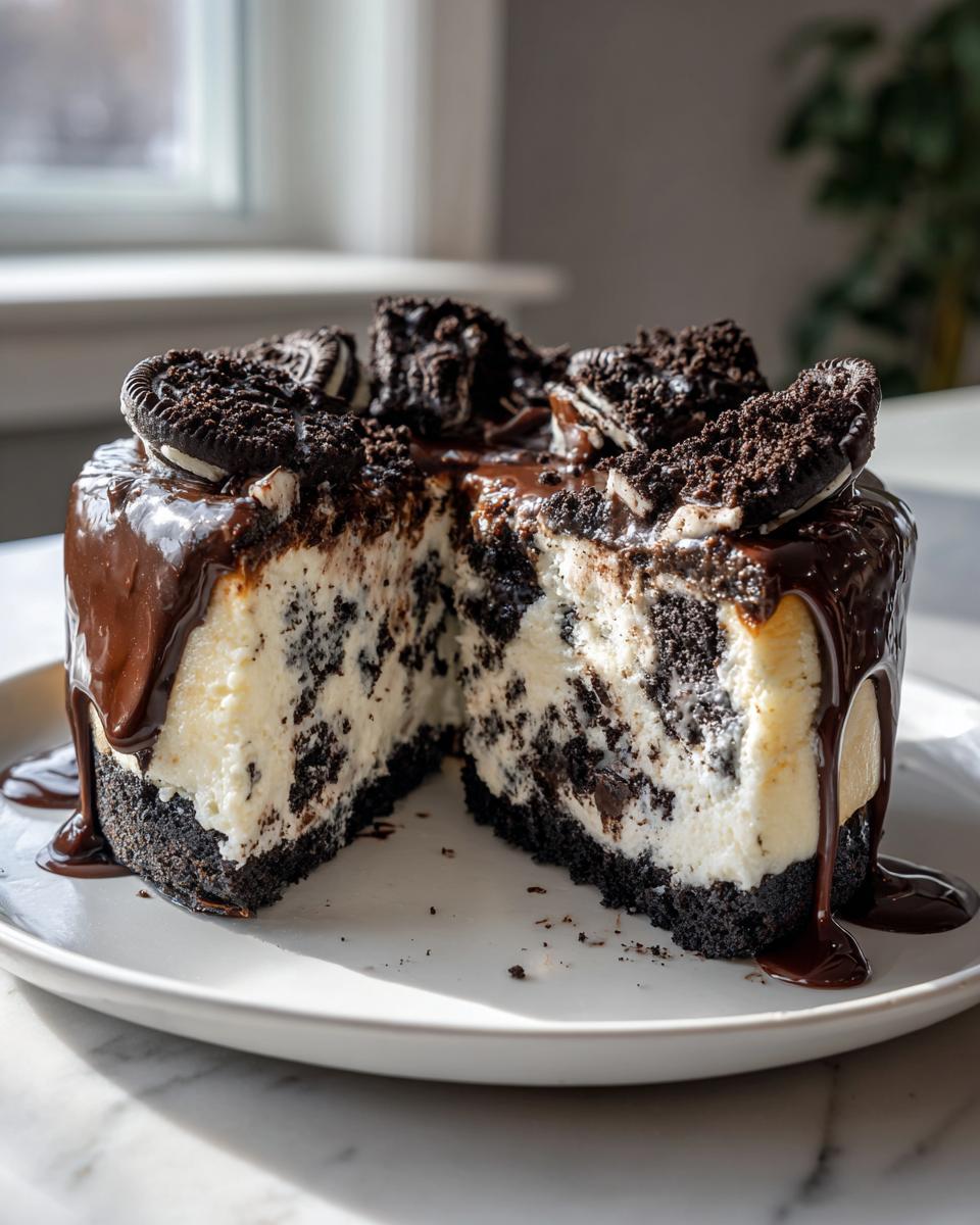 A decadent slice removed from an amazing oreo cheesecake topped with chocolate ganache and cookies.