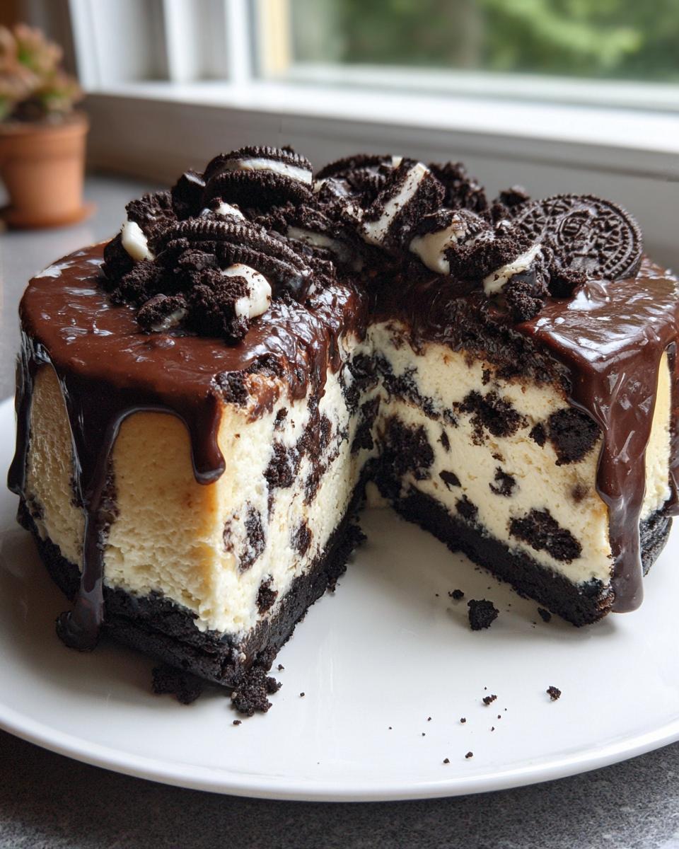 A slice removed from a rich oreo cheesecake topped with chocolate ganache and crushed Oreos.