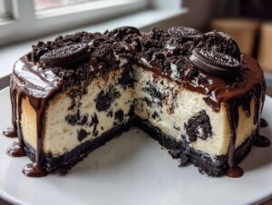 A slice cut from an amazing oreo cheesecake, topped with chocolate ganache and whole cookies.