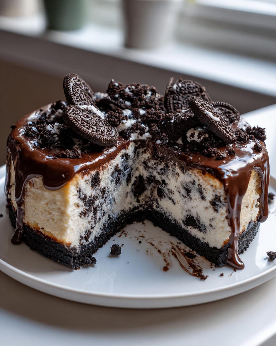 A slice removed from a rich oreo cheesecake topped with chocolate ganache and whole cookies.