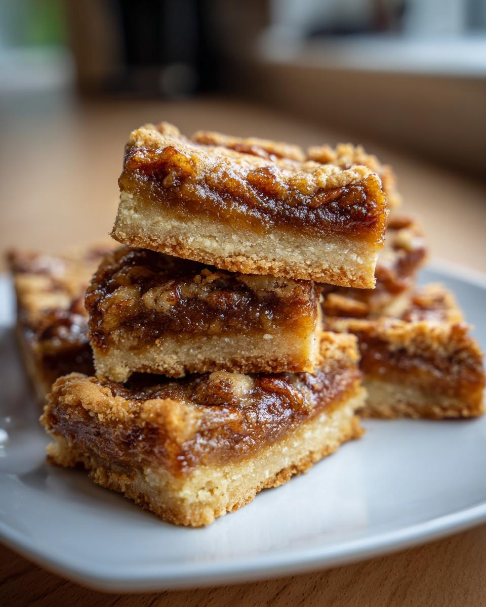 A stack of three gooey pecan pie bars showing the thick shortbread crust and rich pecan filling.