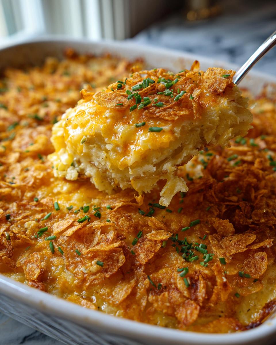 A spoonful of creamy potato casserole topped with melted cheese and crispy cornflakes is lifted from the baking dish.