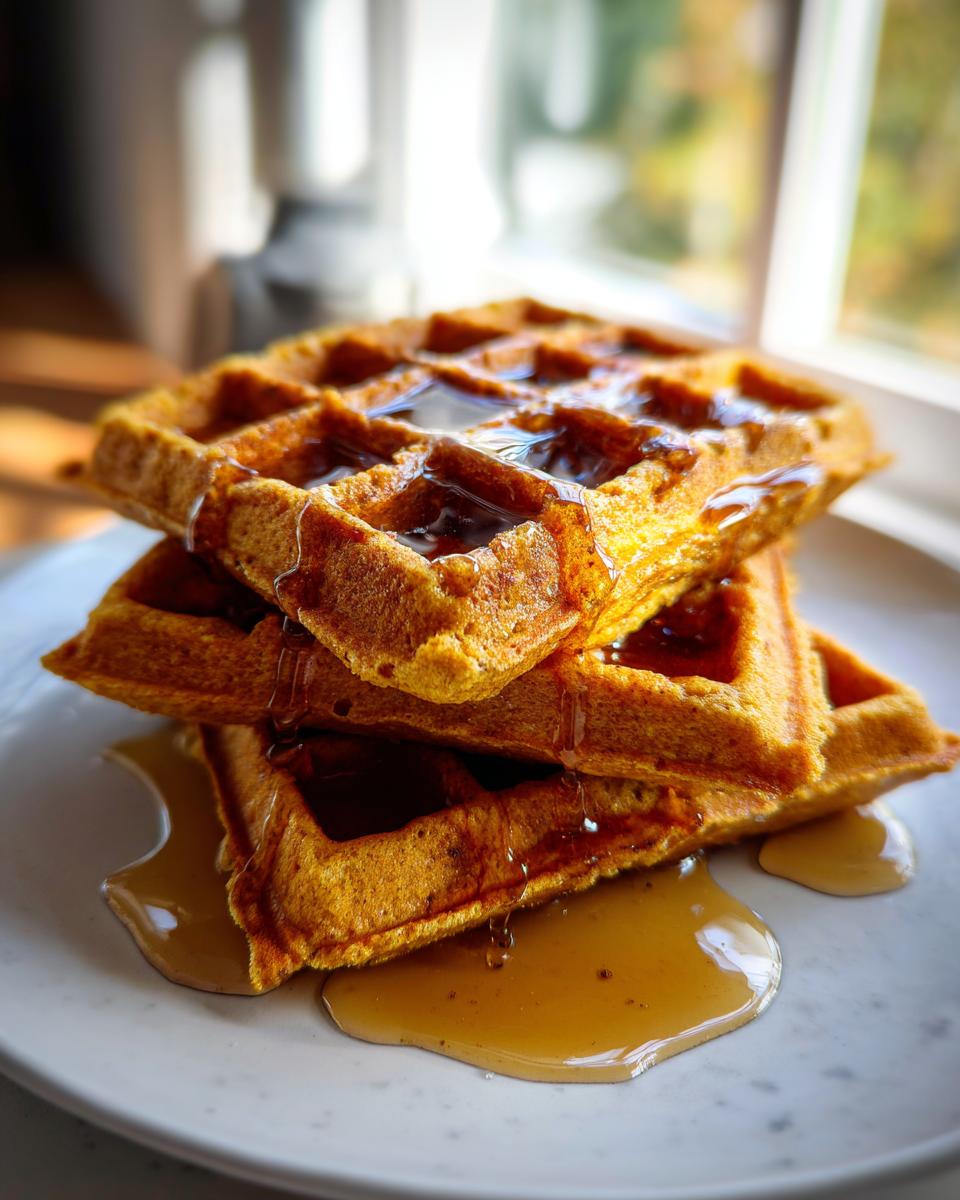A stack of three golden-orange pumpkin waffles drizzled generously with maple syrup.
