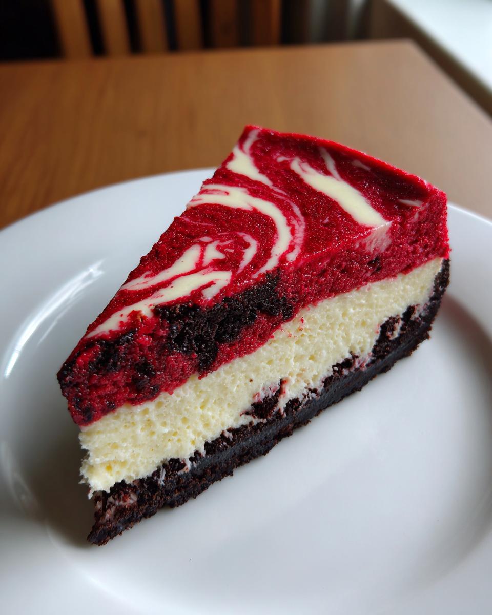 A perfect slice of red velvet cheesecake showing distinct layers of dark crust, creamy white filling, and a marbled red velvet top.