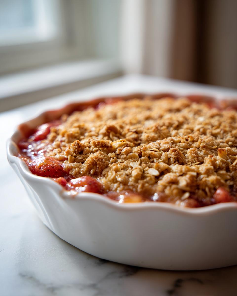 Close-up of a bubbling, golden-topped rhubarb crisp baked in a white fluted dish.