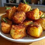 A pile of golden brown, crispy roast potatoes seasoned with herbs and garnished with fresh rosemary sprigs.
