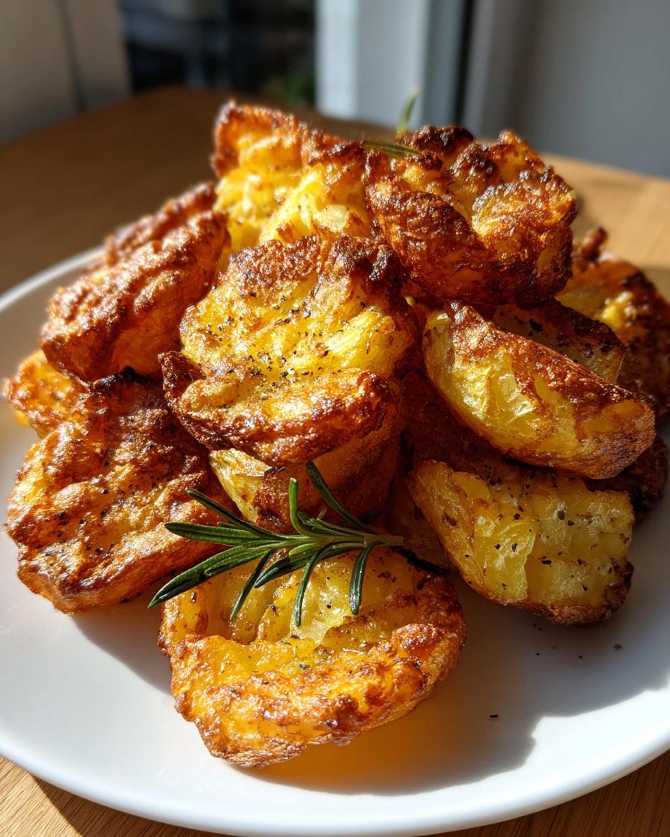 A pile of golden brown, crispy roast potatoes seasoned with pepper and garnished with fresh rosemary.