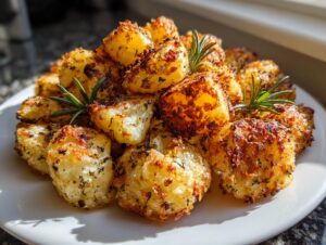 A pile of golden brown, crispy roast potatoes seasoned with herbs and garnished with fresh rosemary sprigs.