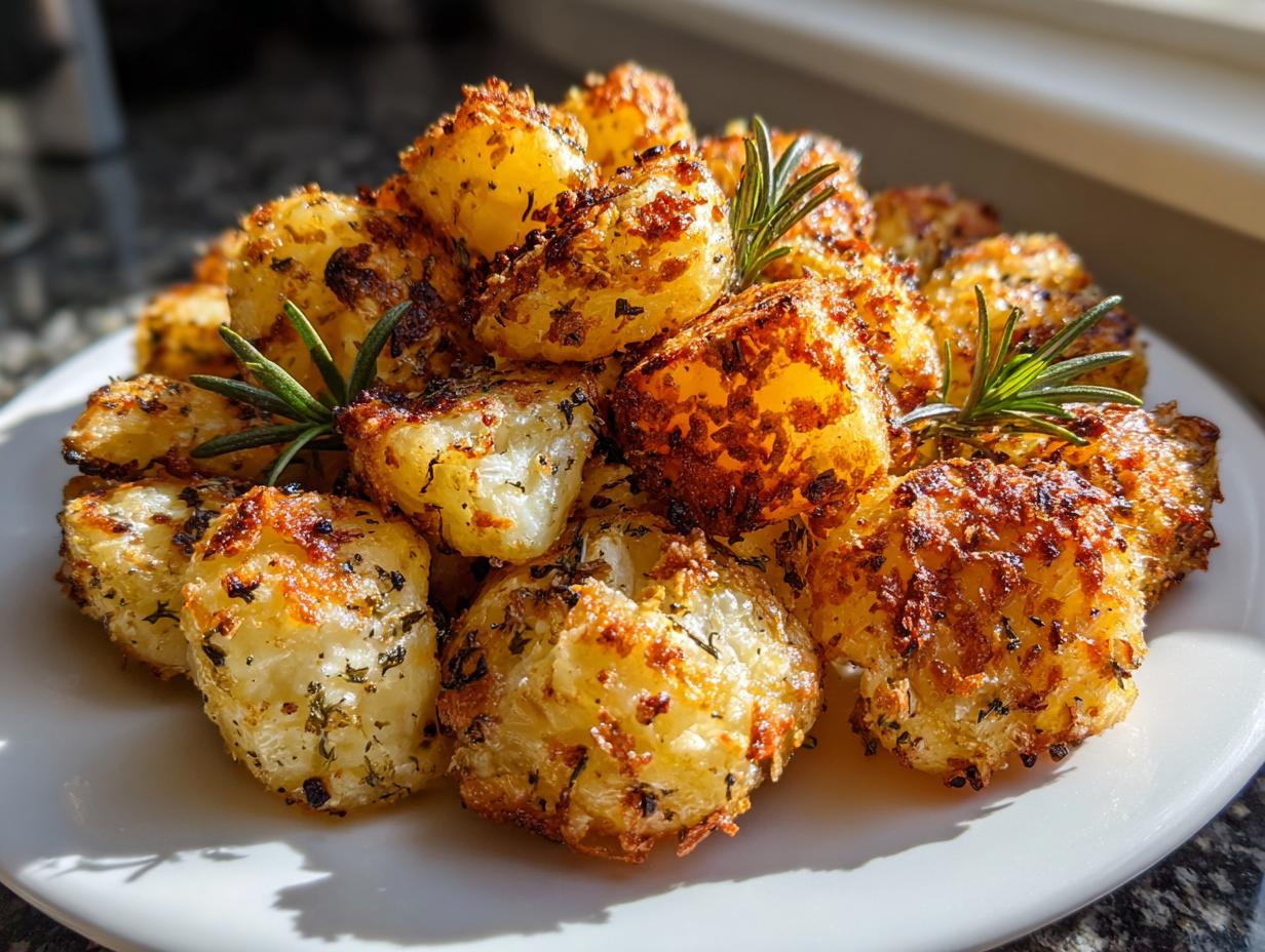 A pile of golden brown, crispy roast potatoes seasoned with herbs and garnished with fresh rosemary sprigs.