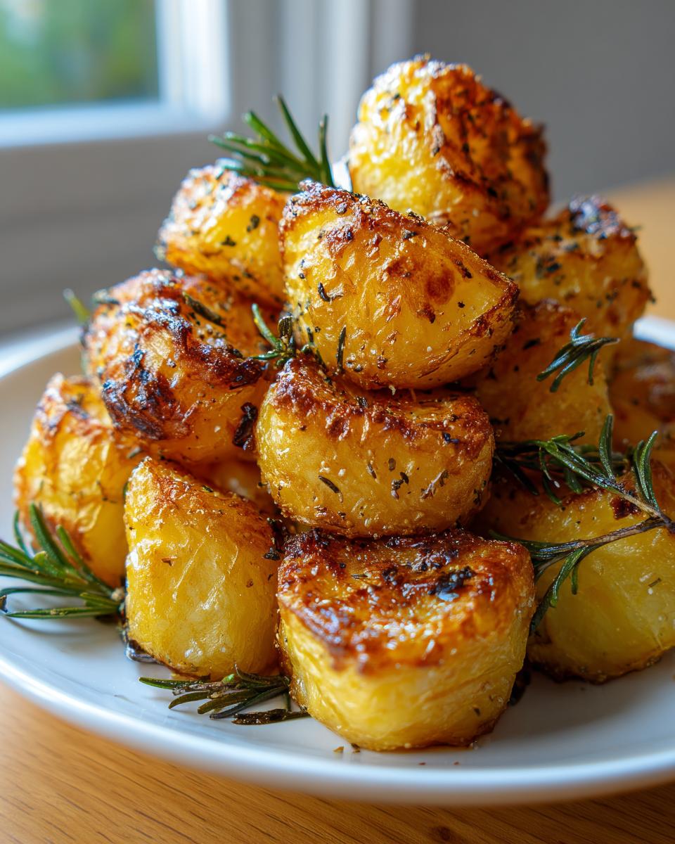 A close-up stack of golden brown, crispy roast potatoes seasoned with herbs and garnished with fresh rosemary sprigs.