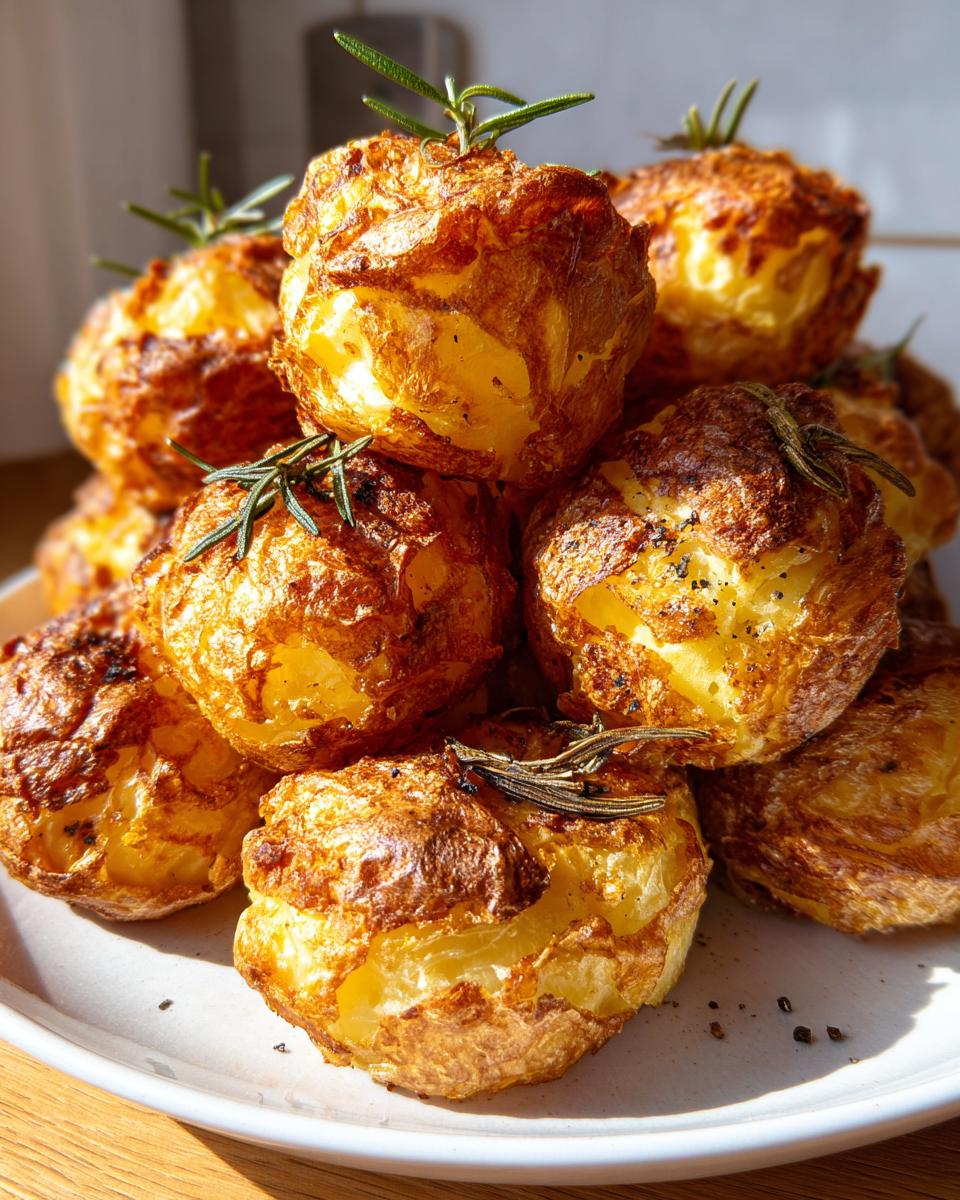 A pile of golden brown, crispy roast potatoes garnished with fresh rosemary sprigs.