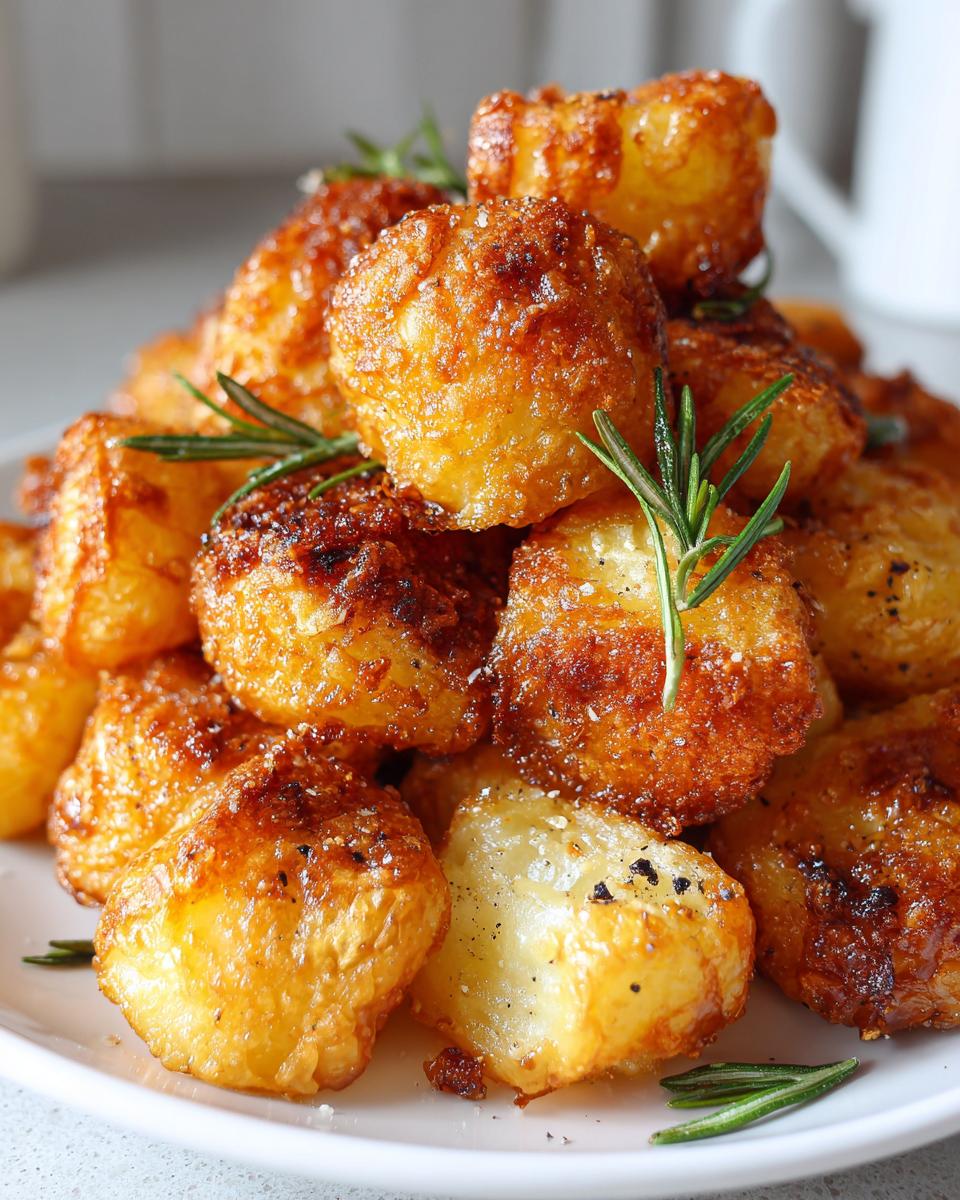 A close-up of a pile of golden brown, crispy roast potatoes seasoned with salt and garnished with fresh rosemary sprigs.