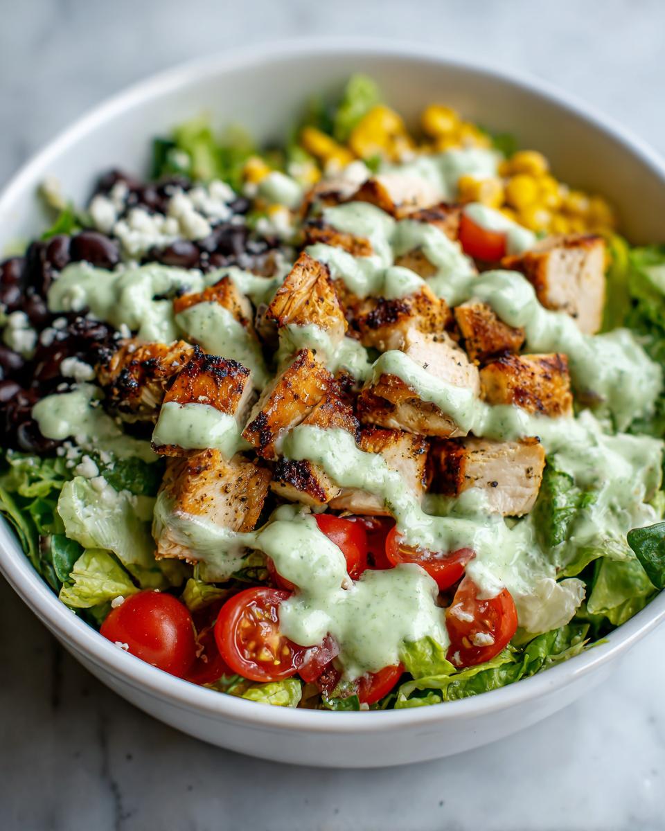 A close-up of a vibrant southwest salad topped with grilled chicken, black beans, corn, tomatoes, and creamy green dressing.