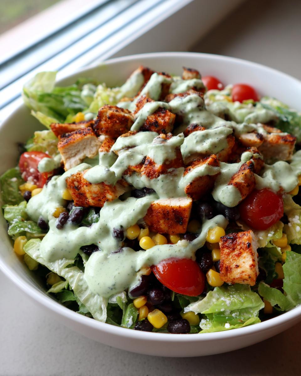 A vibrant bowl of southwest salad featuring seasoned chicken, black beans, corn, tomatoes, and a creamy green dressing.