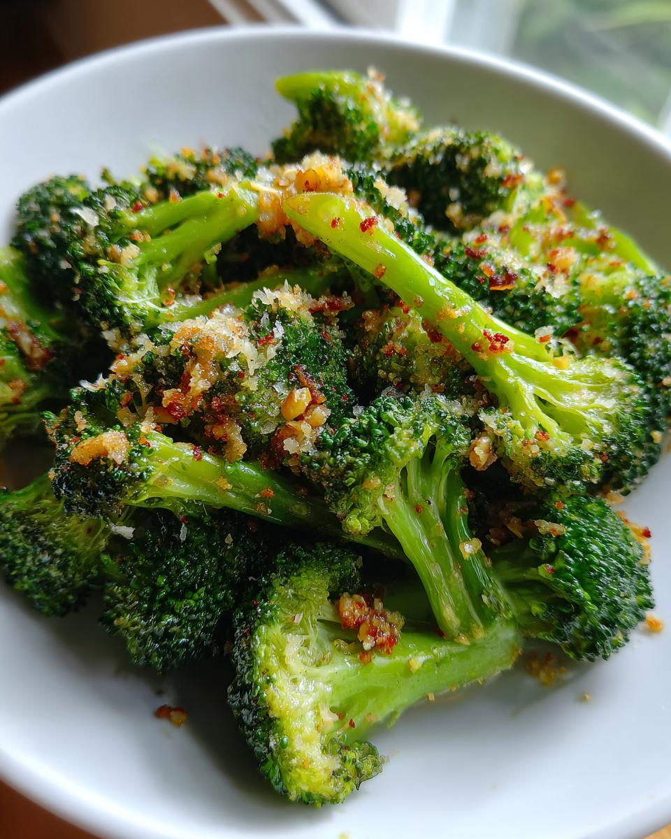 Close-up of vibrant green steamed broccoli florets topped with toasted garlic and red pepper flakes.