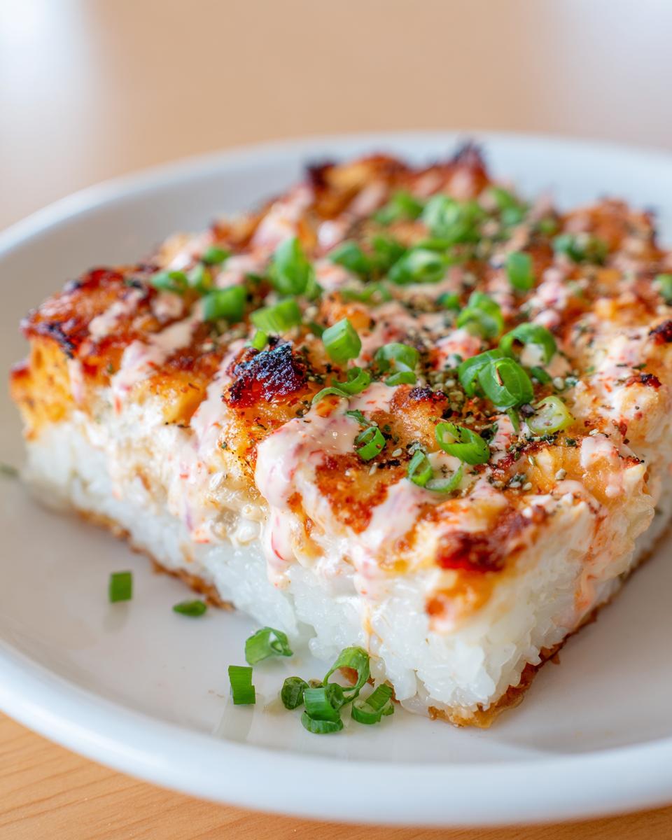 A close-up of a square slice of amazing sushi bake with a creamy, torched topping and green onions.