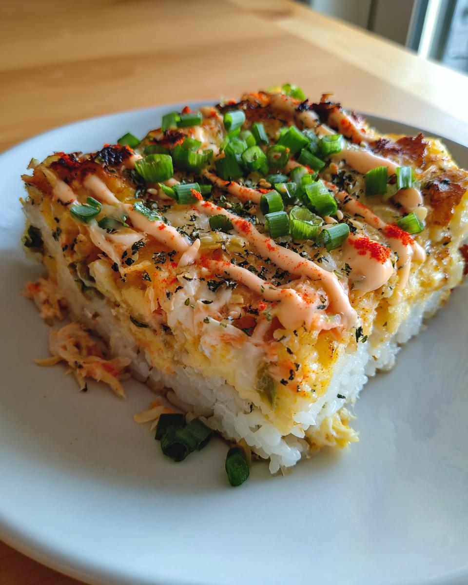 A close-up of a square slice of baked sushi bake topped with spicy mayo, furikake, and green onions.