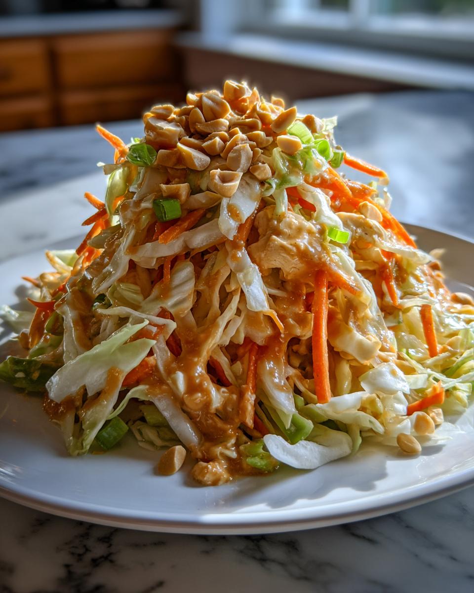 A vibrant mound of amazing thai chicken salad featuring shredded cabbage, carrots, and peanut dressing, topped with chopped peanuts.