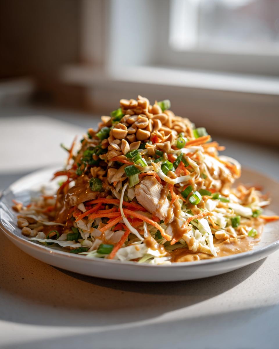 A vibrant mound of thai chicken salad featuring shredded cabbage, carrots, chicken pieces, and topped generously with crushed peanuts and peanut dressing.