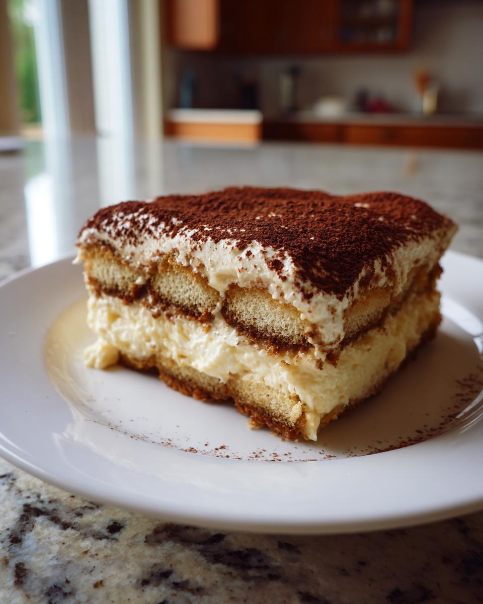 A perfect slice of homemade tiramisu recipe showing layers of cream and coffee-soaked ladyfingers, dusted heavily with cocoa powder.