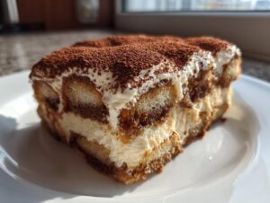 Close-up of a perfect slice of tiramisu recipe, showing layers of cream and coffee-soaked ladyfingers, dusted with cocoa.