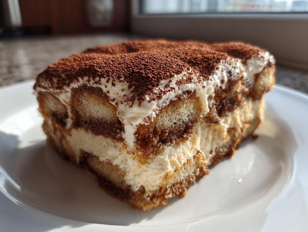 Close-up of a perfect slice of tiramisu recipe, showing layers of cream and coffee-soaked ladyfingers, dusted with cocoa.